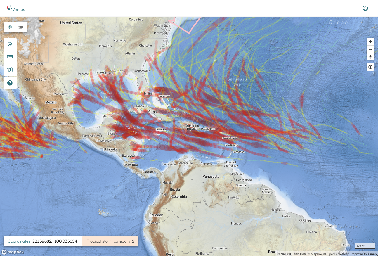 An application screenshot showing a map with hurricane trails, over the Gulf of Mexico