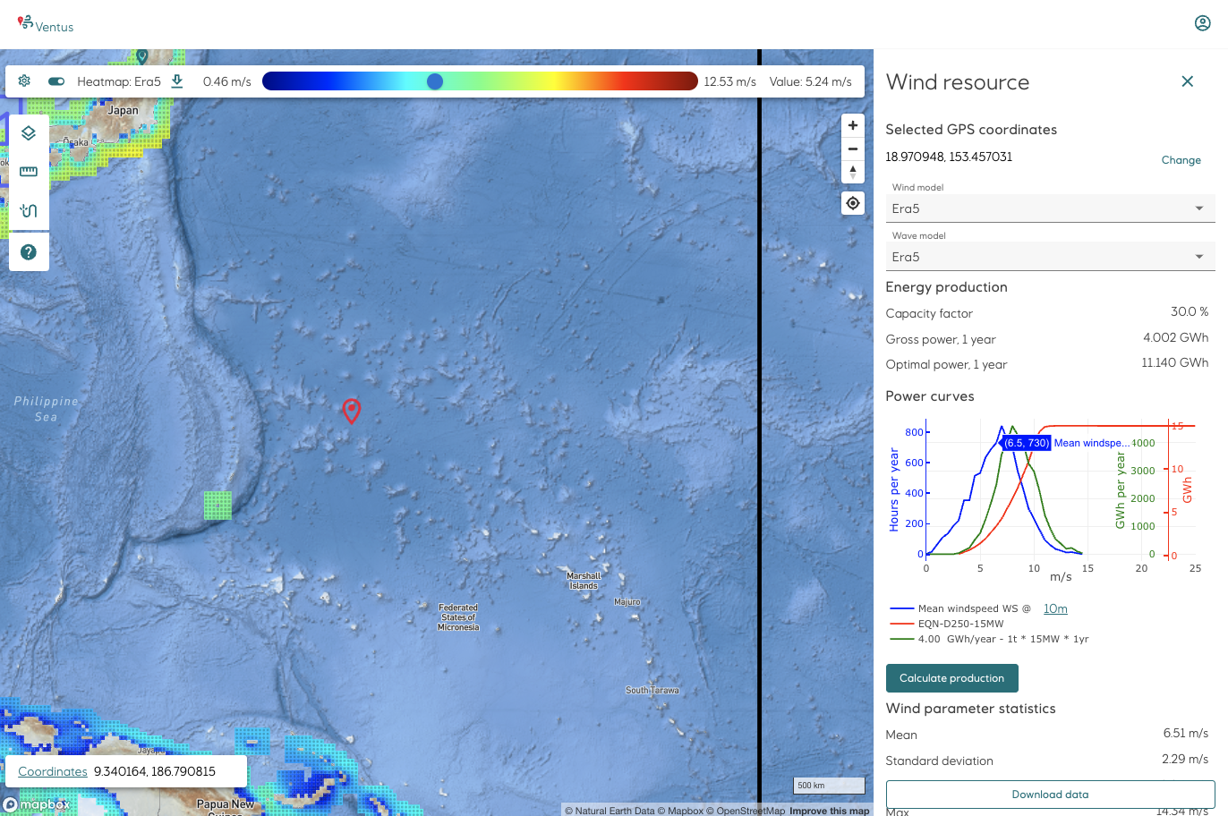 An application screenshot showing a calculation of wind production in the ocean. All numbers are illustrative only