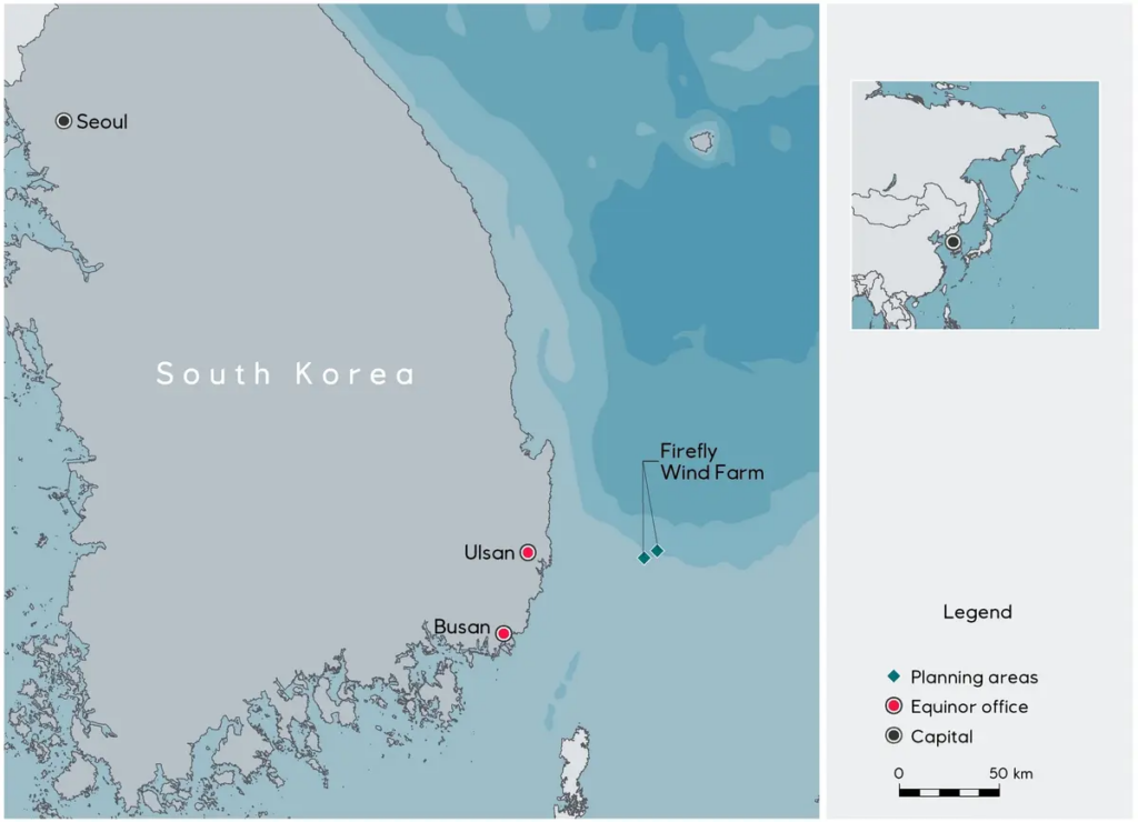 Kartutstnitt av Sør-Korea som viser Equinors lokasjoner i området